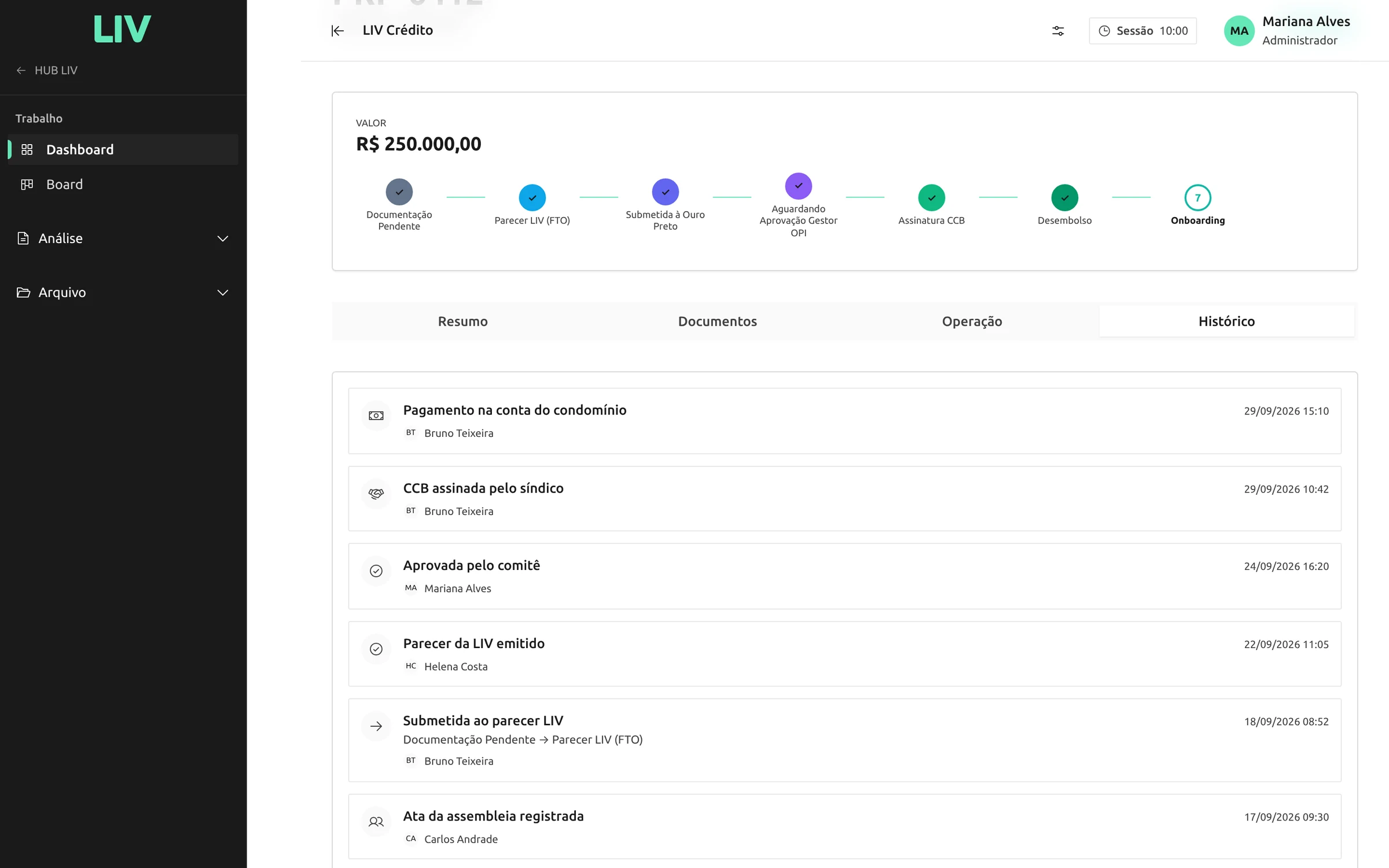 Proposta PRP-0412 na Plataforma LIV, com todas as etapas concluídas e o histórico até o pagamento